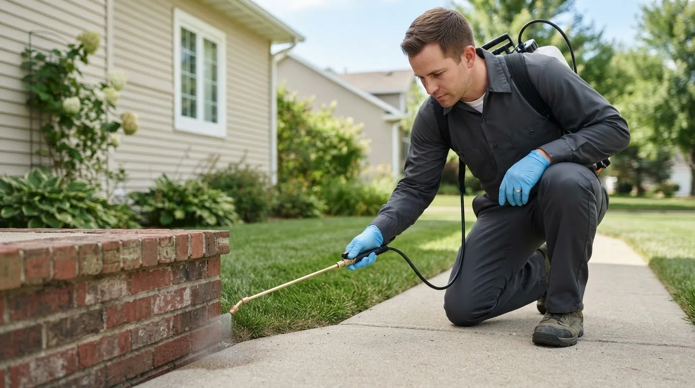 Pest control technician treating a home near Broseley, MO