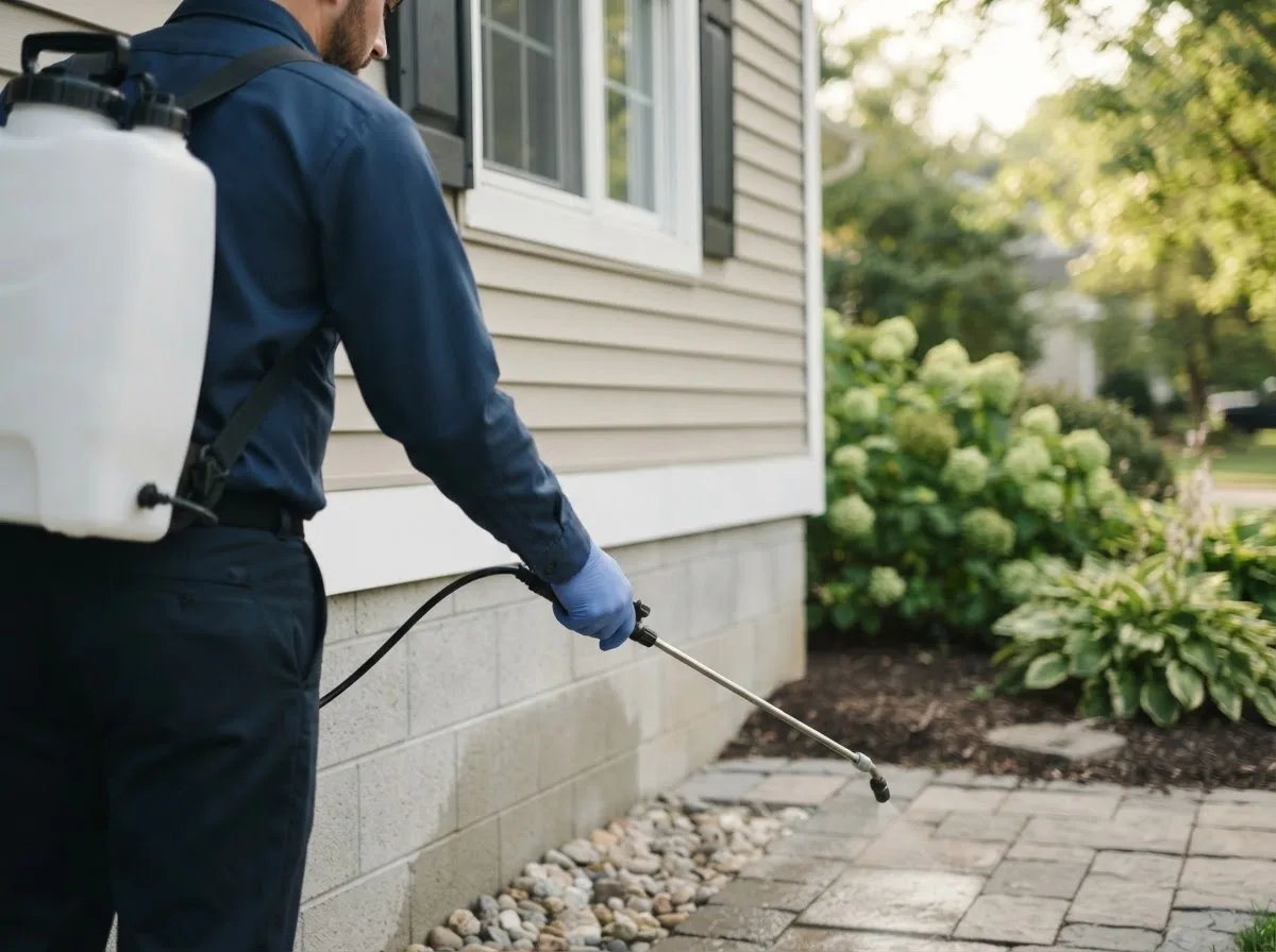 Pest control technician inspecting a home in Broseley, MO